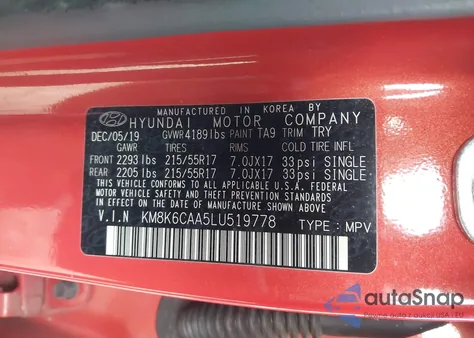 2020 Hyundai Kona Sel Plus z USA, uszkodzony, nr VIN KM8K6CAA5LU519778